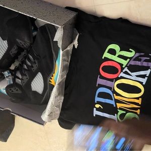 Jordan 5 released 2/6/23  aqua Combo set. 2XL SHIRT DIOR JORDANS WORN ONCE $499